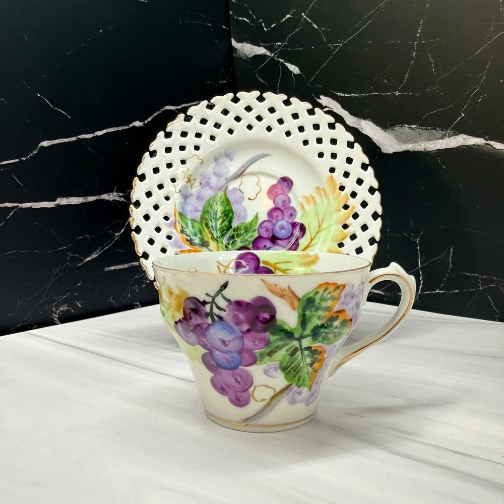 Hand Painted Porcelain Grape Tea Cup and Saucer Set NW-C102A Reticulated Lattice
